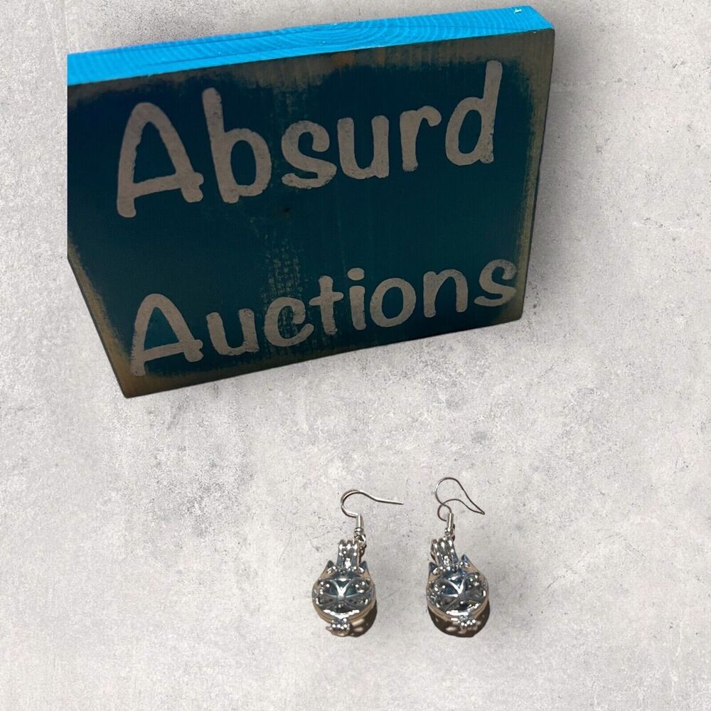 Silver Owl Shaped Cage Earrings with Blue Pearls